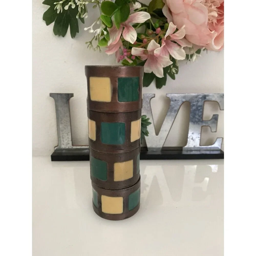 Vintage 1980s Pier 1 Napkin Rings Bronze Green Yellow Inlay‎ Set of 4 Retro EUC
